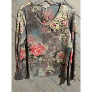 Xcit USA Floral Roses‎ V Neck Long Sleeve Top Ladies Plus Size PXL